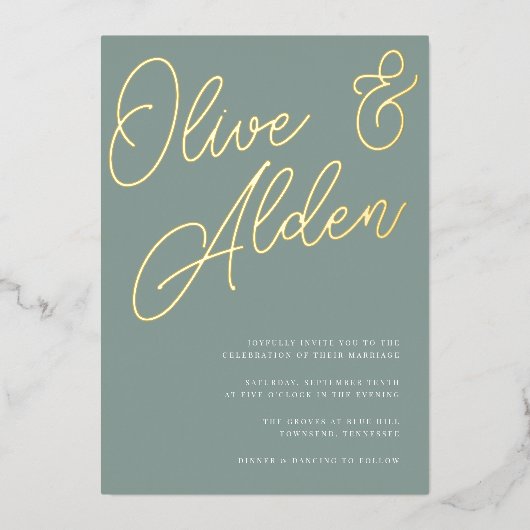 Eucalyptus | Gold Script Wedding Folie Uitnodiging (Voorkant)
