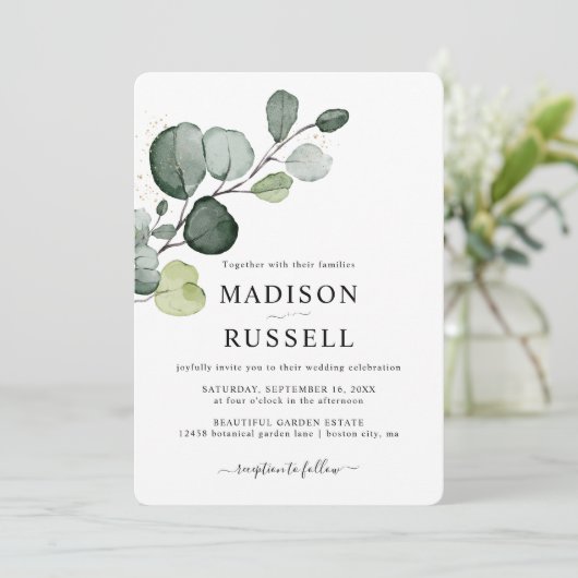 Eucalyptus Gold Splatter Greenery Wedding Kaart (Staand voorkant)