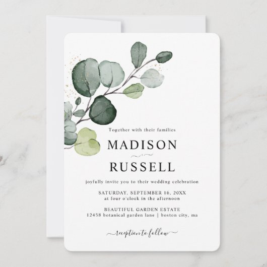 Eucalyptus Gold Splatter Greenery Wedding Kaart (Voorkant)