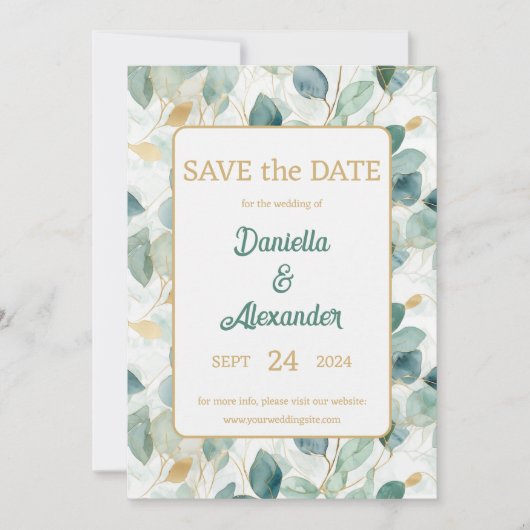 Eucalyptus Gold Waterverf Sage Green Floral Save The Date (Voorkant)