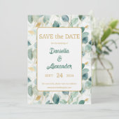 Eucalyptus Gold Waterverf Sage Green Floral Save The Date (Staand voorkant)