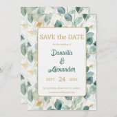 Eucalyptus Gold Waterverf Sage Green Floral Save The Date (Voorkant / Achterkant)