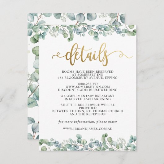 Eucalyptus Gold Wedding Gast Details Informatie Informatiekaartje (Voorkant / Achterkant)