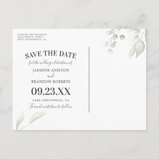 Eucalyptus Gold Wedding Save the Date Aankondigingskaart (Achterkant)