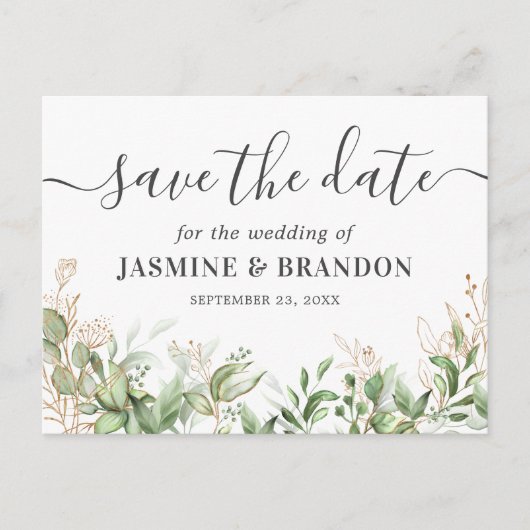 Eucalyptus Gold Wedding Save the Date Aankondigingskaart (Voorkant)