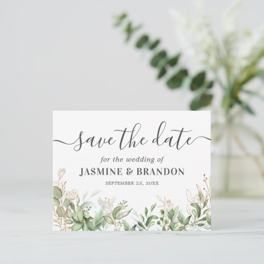 Eucalyptus Gold Wedding Save the Date Aankondigingskaart (Staand voorkant)