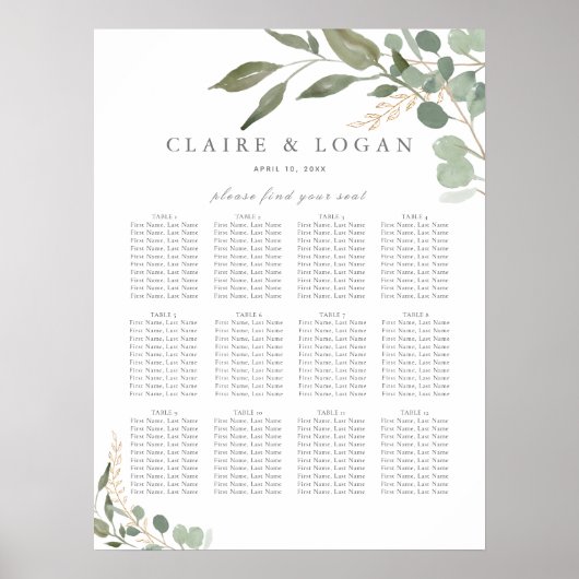 Eucalyptus Gold Wedding Seating Chart Poster (Voorkant)