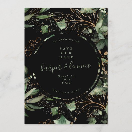 Eucalyptus Golden Boho Elegant Onyx Pampas Black Save The Date (Voorkant)