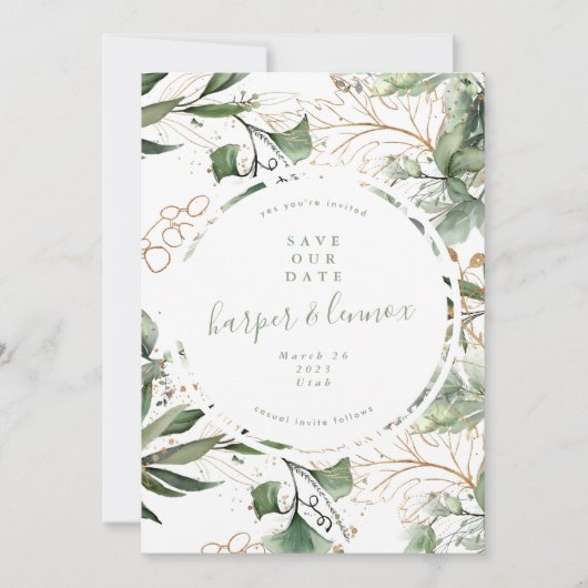 Eucalyptus Golden Boho Modern Herfst Pampas Circle Save The Date (Voorkant)