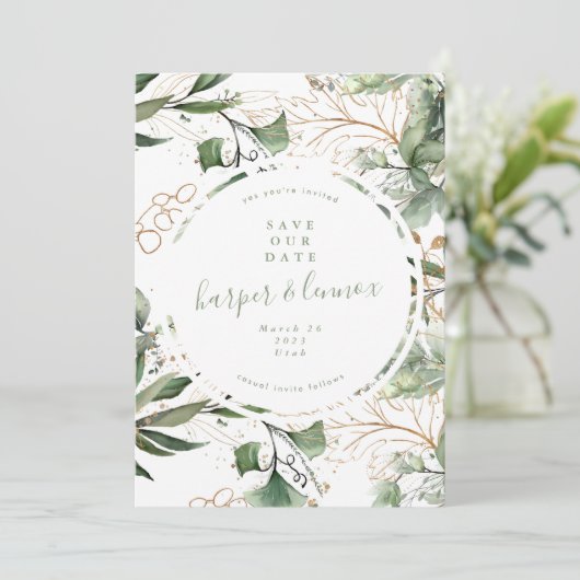 Eucalyptus Golden Boho Modern Herfst Pampas Circle Save The Date (Staand voorkant)