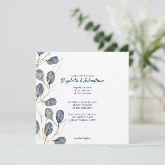 Eucalyptus Golden Garden Floral Wedding Kaart (Staand voorkant)