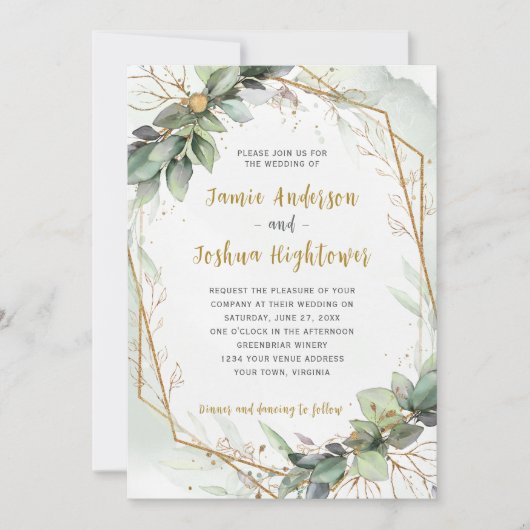 Eucalyptus Golden Greenery Wedding Kaart (Voorkant)