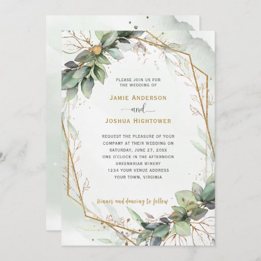 Eucalyptus Golden Greenery Wedding Kaart (Voorkant / Achterkant)