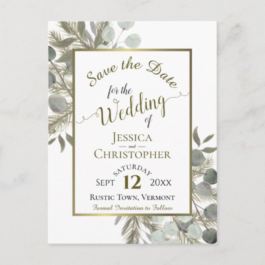 Eucalyptus & Golden Pine Bruiloft Save the Date Aankondigingskaart (Voorkant)