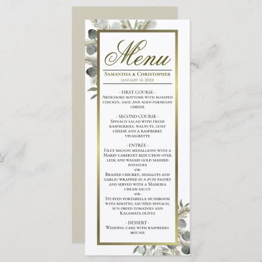 Eucalyptus & Golden Pine Elegante bruiloft Menu (Voorkant / Achterkant)