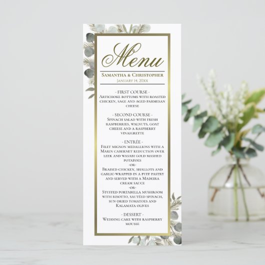 Eucalyptus & Golden Pine Elegante bruiloft Menu (Staand voorkant)
