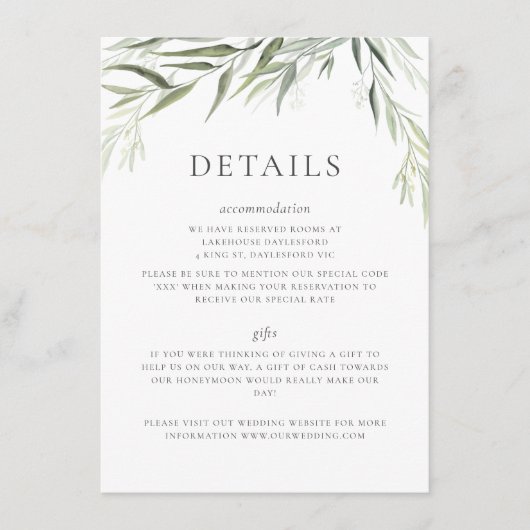 Eucalyptus gom bladeren groen bruiloft informatiekaartje (Voorkant)