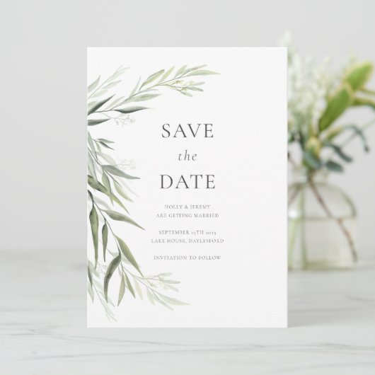 Eucalyptus Gom Leaves Greenery Save the Date Kaart (Staand voorkant)