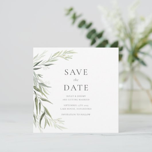 Eucalyptus Gom Leaves Greenery Save the Date Kaart (Staand voorkant)