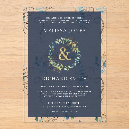 Eucalyptus Goud Ampersand Navy Blauwe Trouwdag Acryl Uitnodigingen (Voorkant)