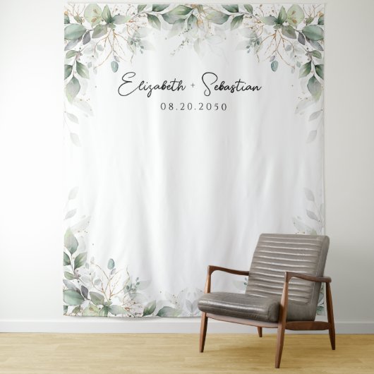 Eucalyptus Goud Bloemen Groen Bruiloft Achtergrond Wandkleed (In situ)