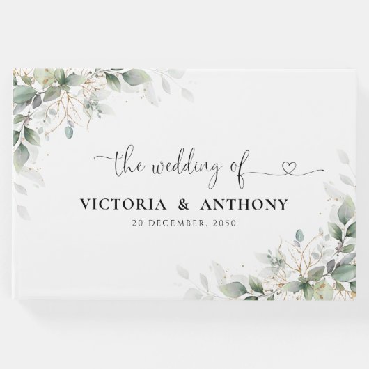 Eucalyptus Goud Bloemen Groen Bruiloft Gastenboek (Voorkant)