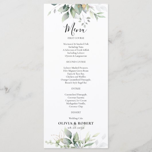 Eucalyptus Goud Bloemen Groen Bruiloft Menu (Voorkant)