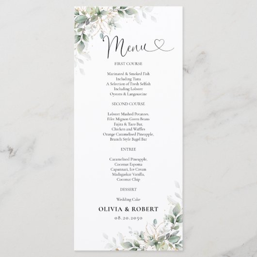 Eucalyptus Goud Bloemen Groen Bruiloft Menu (Voorkant)