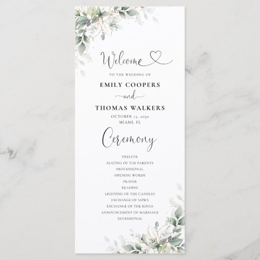 Eucalyptus Goud Bloemen Groen Bruiloft Programma Programmakaart (Voorkant)