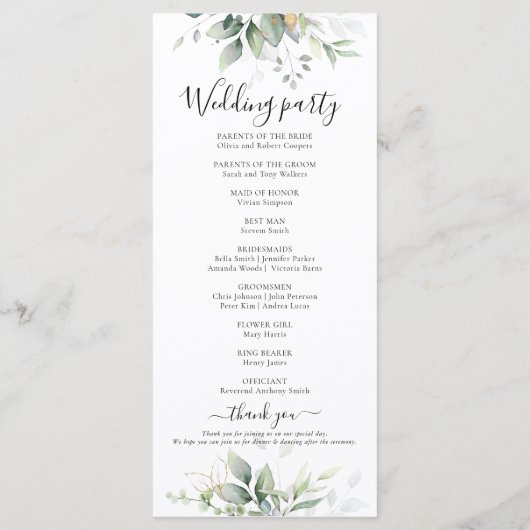 Eucalyptus Goud Bloemen Groen Bruiloft Programma Programmakaart (Achterkant)