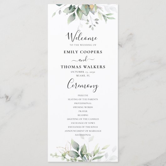 Eucalyptus Goud Bloemen Groen Bruiloft Programma Programmakaart (Voorkant)