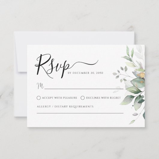 Eucalyptus Goud Bloemen Groen Bruiloft RSVP Kaart (Voorkant)
