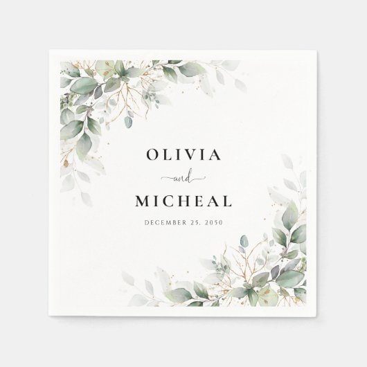 Eucalyptus Goud Bloemen Groen Bruiloft Servetten (Voorkant)