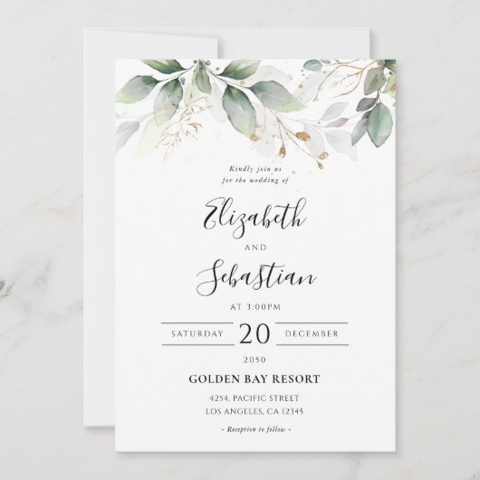 Eucalyptus Goud Bloemen Groen Bruiloft Uitnodiging (Voorkant)