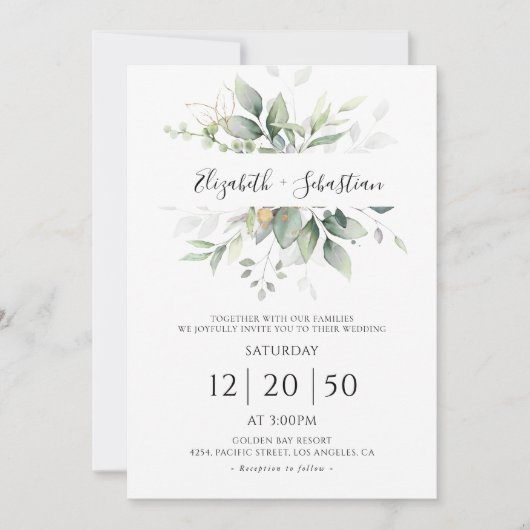 Eucalyptus Goud Bloemen Groen Bruiloft Uitnodiging (Voorkant)