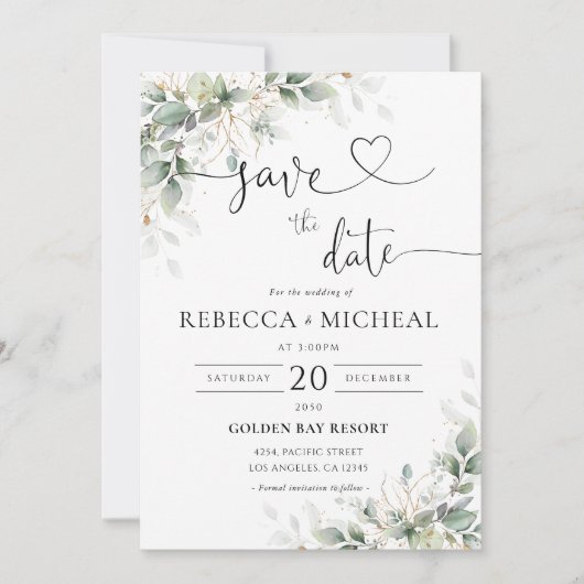 Eucalyptus Goud Bloemen Groen Sla de datum Kaart (Voorkant)