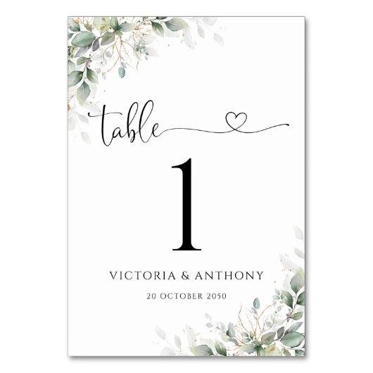 Eucalyptus Goud Bloemen Tafel Nummers Kaart (Voorkant)