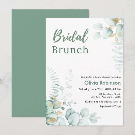 Eucalyptus Goud Bruidsbrunch Bruidsuitnodiging Kaart (Voorkant / Achterkant)