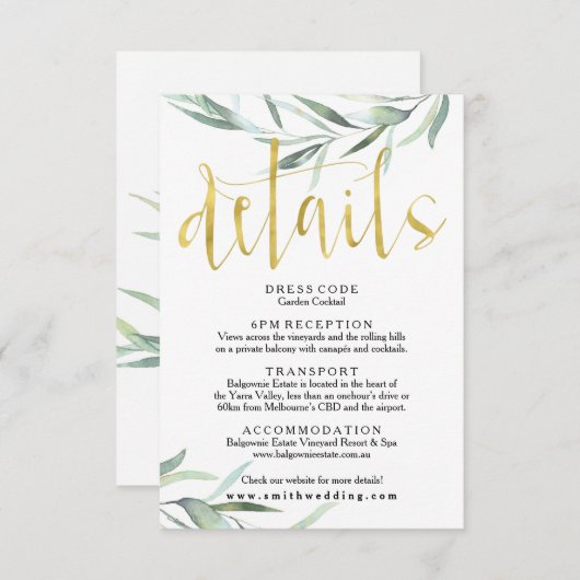 Eucalyptus Goud Bruiloft Details Kaart (Voorkant / Achterkant)