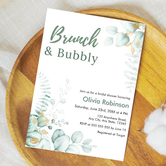 Eucalyptus Goud Brunch & Bubbly Bruidsfeest Kaart