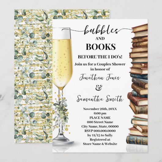 Eucalyptus Goud Bubbles & Boeken Koppels Bruiloft Kaart (Voorkant / Achterkant)