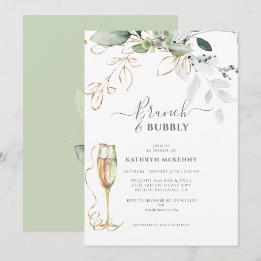 Eucalyptus Goud Calligraphy Bruidsdouche Uitnodigi Kaart (Voorkant / Achterkant)