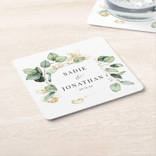 Eucalyptus Goud Elegant Krans Bruiloft Kartonnen Onderzetters (Schuin)