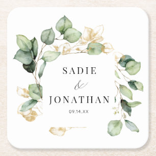 Eucalyptus Goud Elegant Krans Bruiloft Kartonnen Onderzetters
