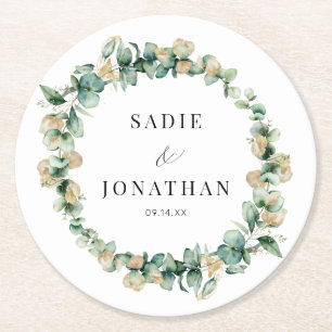 Eucalyptus Goud Elegant Krans Bruiloft Ronde Kartonnen Onderzetter