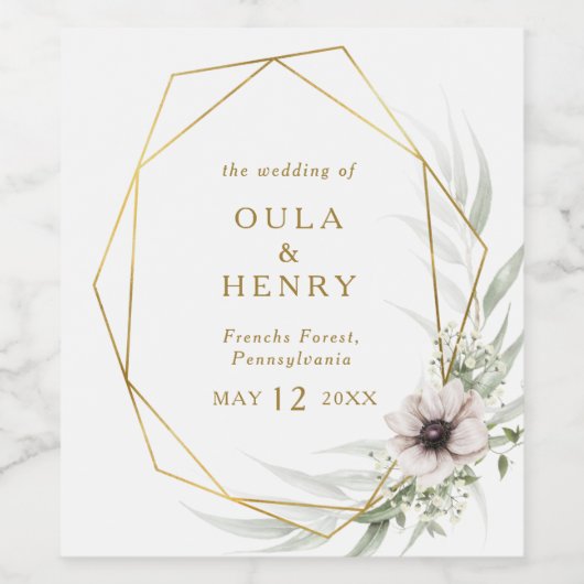 Eucalyptus Goud Geometrisch Bruiloft Wijn Label Wijn Etiket (Enkel label)