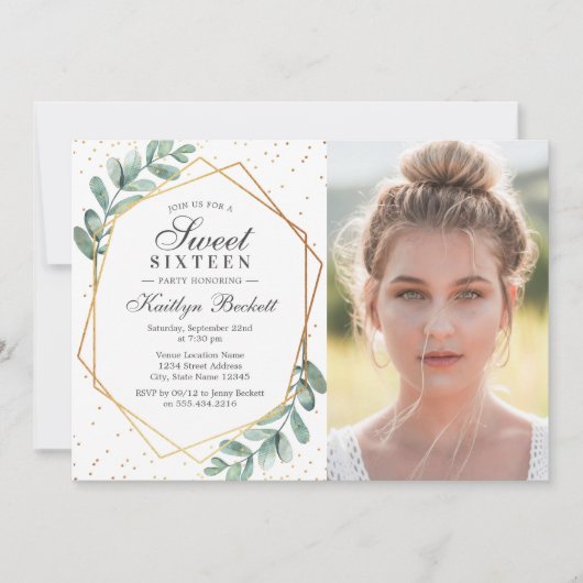 Eucalyptus Goud Geometrische Sweet Sixteen Foto Kaart (Voorkant)