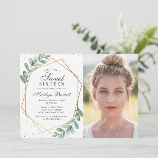 Eucalyptus Goud Geometrische Sweet Sixteen Foto Kaart (Staand voorkant)