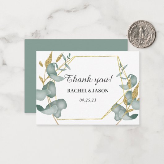 Eucalyptus Goud Glitter Foliage Bruiloft Dank u Notitiekaartje (Voorkant / Achterkant in situ)