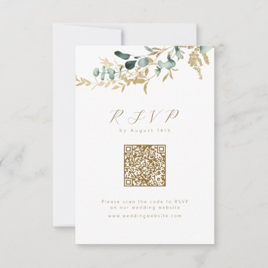 Eucalyptus goud groen boho QR code bruiloft RSVP Kaartje (Voorkant)